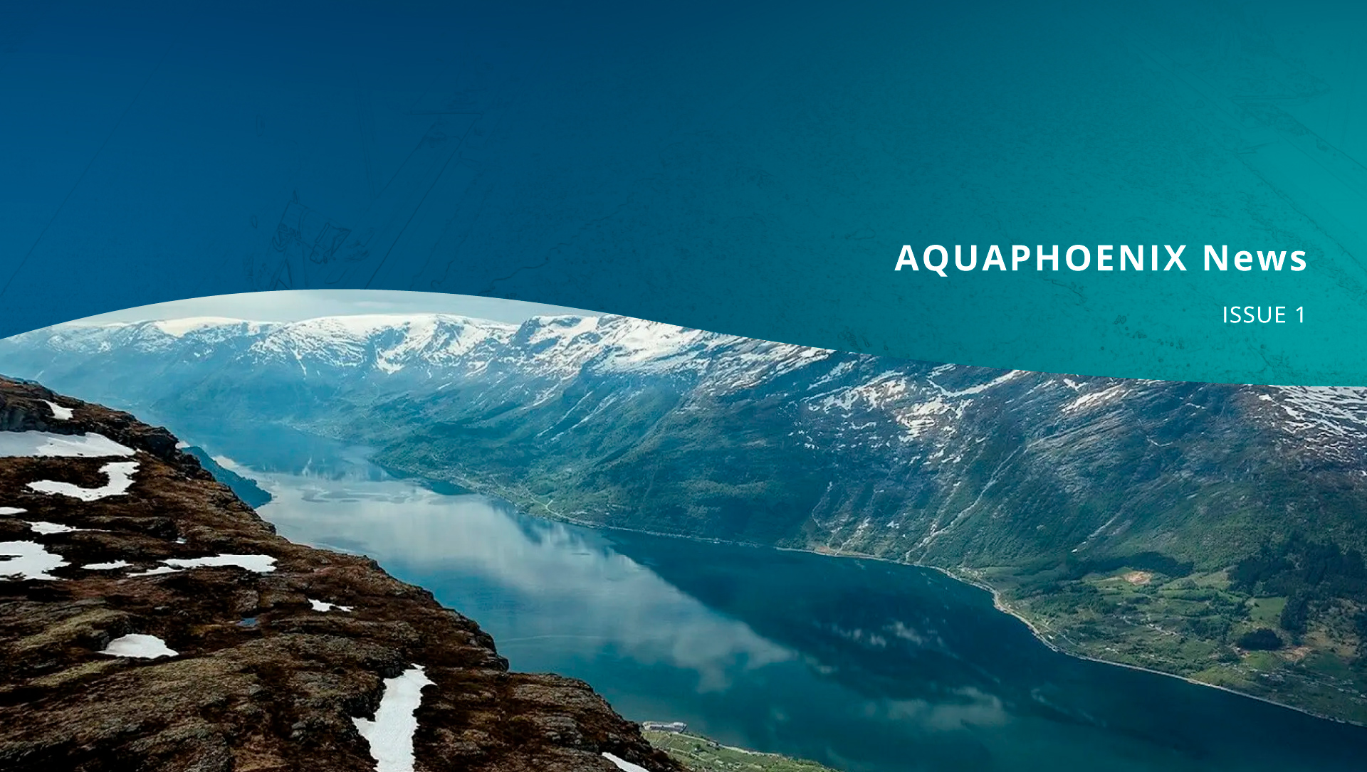 A header image for a newsletter article: top part of it has a gradient teal texture background with the bottom getting cut off in a shape of a wave and white rght aligned text saying "AQUAPHOENIXNews, ISSUE 1". The bottom part of the image is a photo of Norvegian fjords.