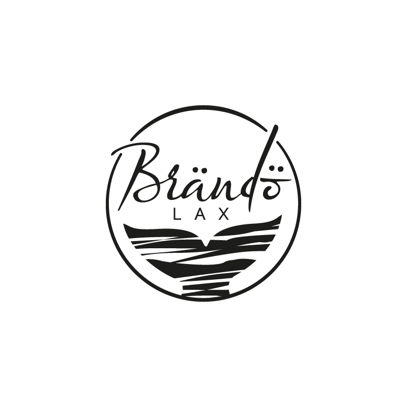 The logo of Brändö Lax: The name in a circle, with a black-coloured whale tail beneath.