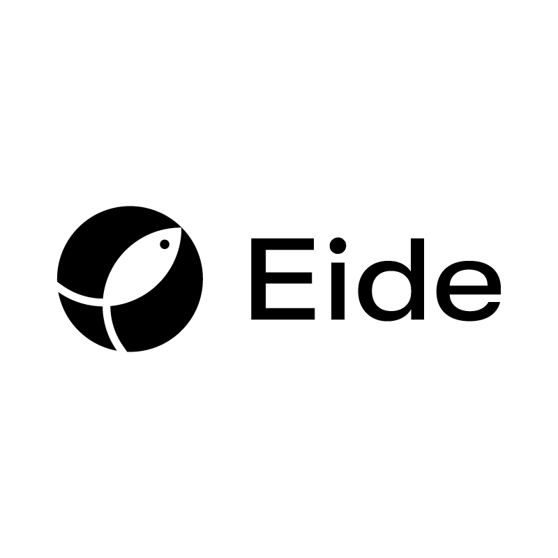 The logo of EIde: The name preceded by a black circle with a white fish icon.