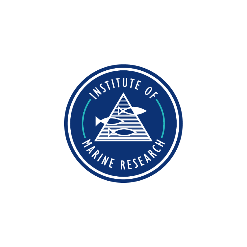 The logo of the Institute of Marine Research (Havforskningsinstituttet): A white hatched triangle with three fish within a dark blue circle surrounded by the name 'Institute of Marine Research'.