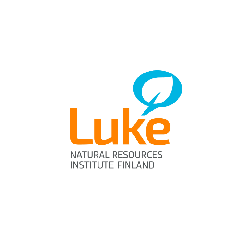 The logo of Luonnonvarakeskus: A white leaf within a light blue speech bubble, floating above the word 'Luke' in orange letters. Below the name 'Natural Resources Institute Finland' is written.