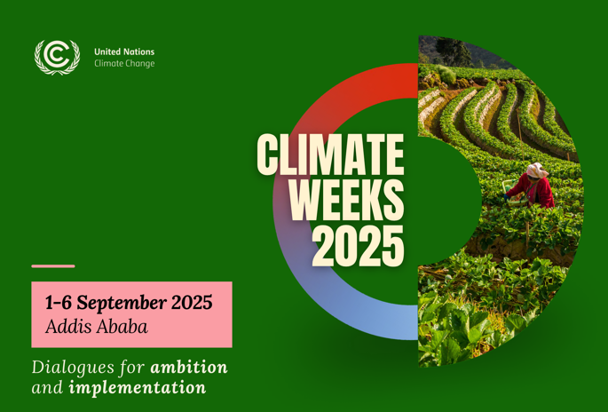 An event banner for "CLIMATE WEEKS 2025": a rich green banner with united nations logo in a top left corner, event information in elegant serif font at the bottom left corner and the title of event placed on a circle shaped illustration on the right half of the banner. The title is in a bold sans serif font in light sand colour and the circle illustration has a photo overlay of a person working in the fields.