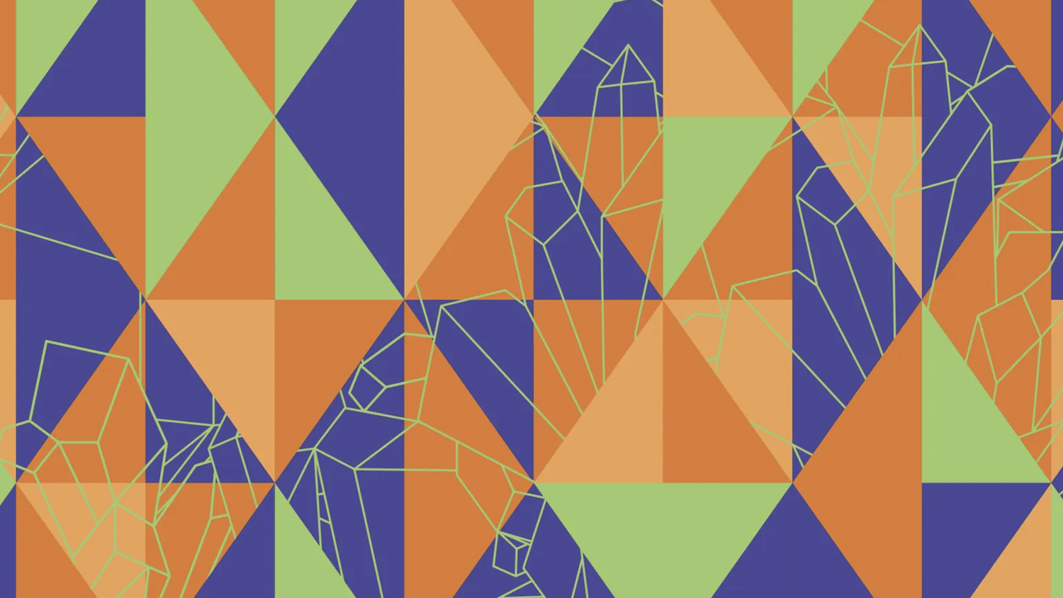 An abstract geometric pattern in purple, orange and light green, with some line art depicting crystal shapes.