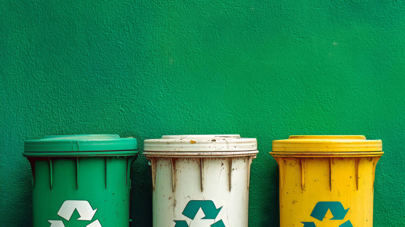 Three colorful recycling bins against a wall. Each bin has the recycling logo. The lids of the bins are closed.