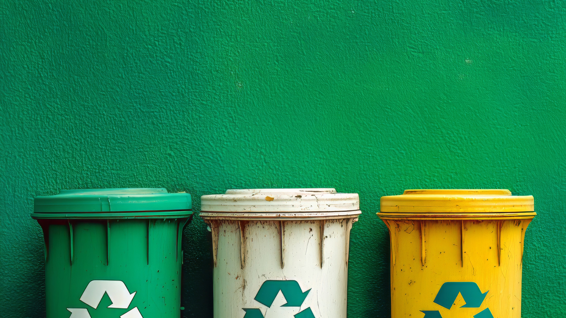 Three colorful recycling bins against a wall. Each bin has the recycling logo. The lids of the bins are closed.